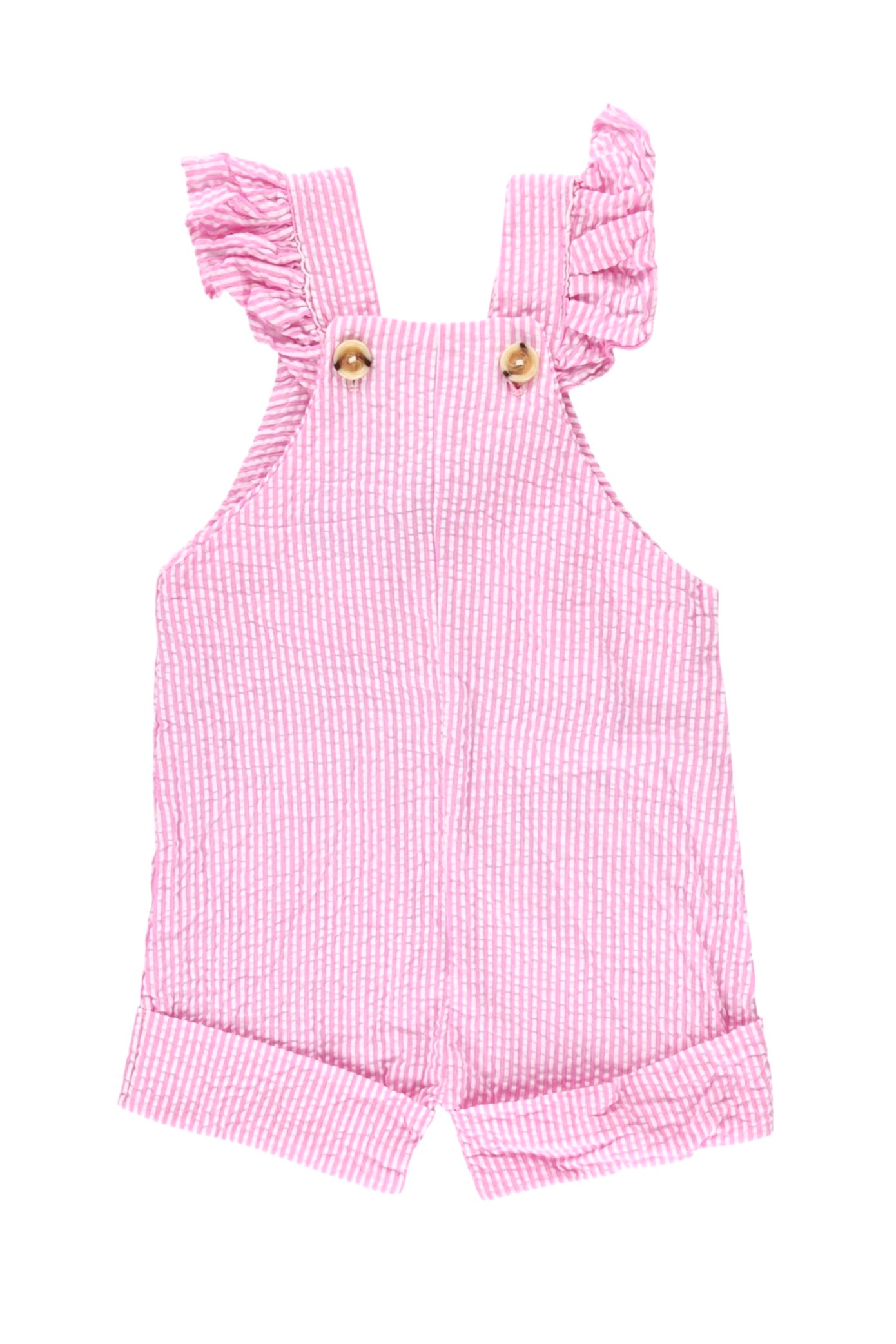 Ruffle Detail Cuffed Cotton Seersucker Overalls - Pink & White Stripe