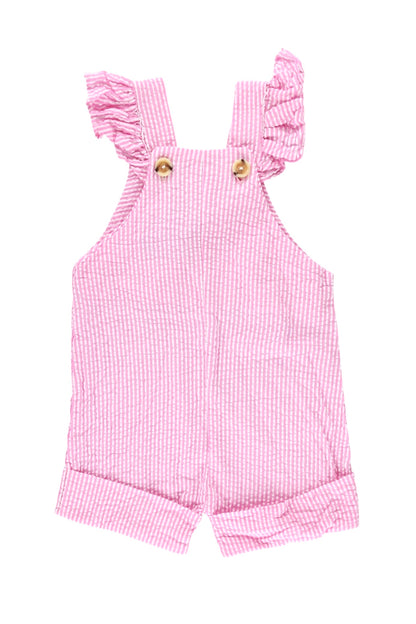 Ruffle Detail Cuffed Cotton Seersucker Overalls - Pink & White Stripe