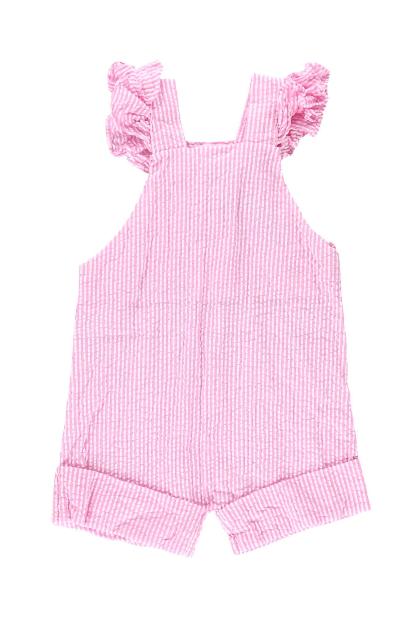 Ruffle Detail Cuffed Cotton Seersucker Overalls - Pink & White Stripe