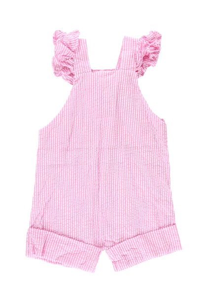 Ruffle Detail Cuffed Cotton Seersucker Overalls - Pink & White Stripe