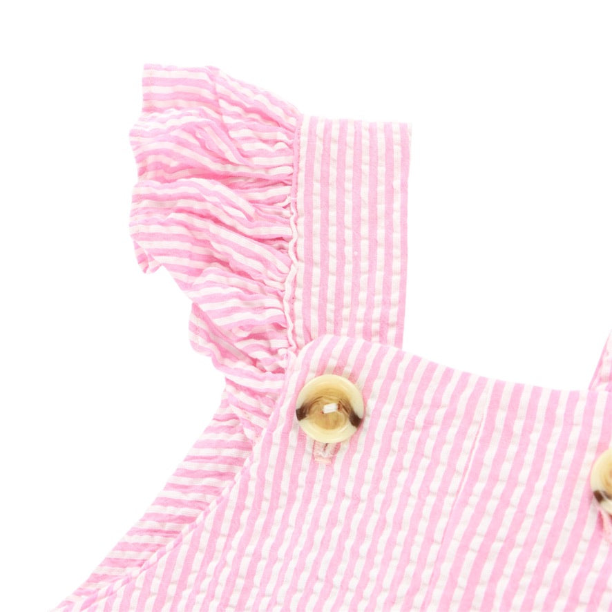 Ruffle Detail Cuffed Cotton Seersucker Overalls - Pink & White Stripe
