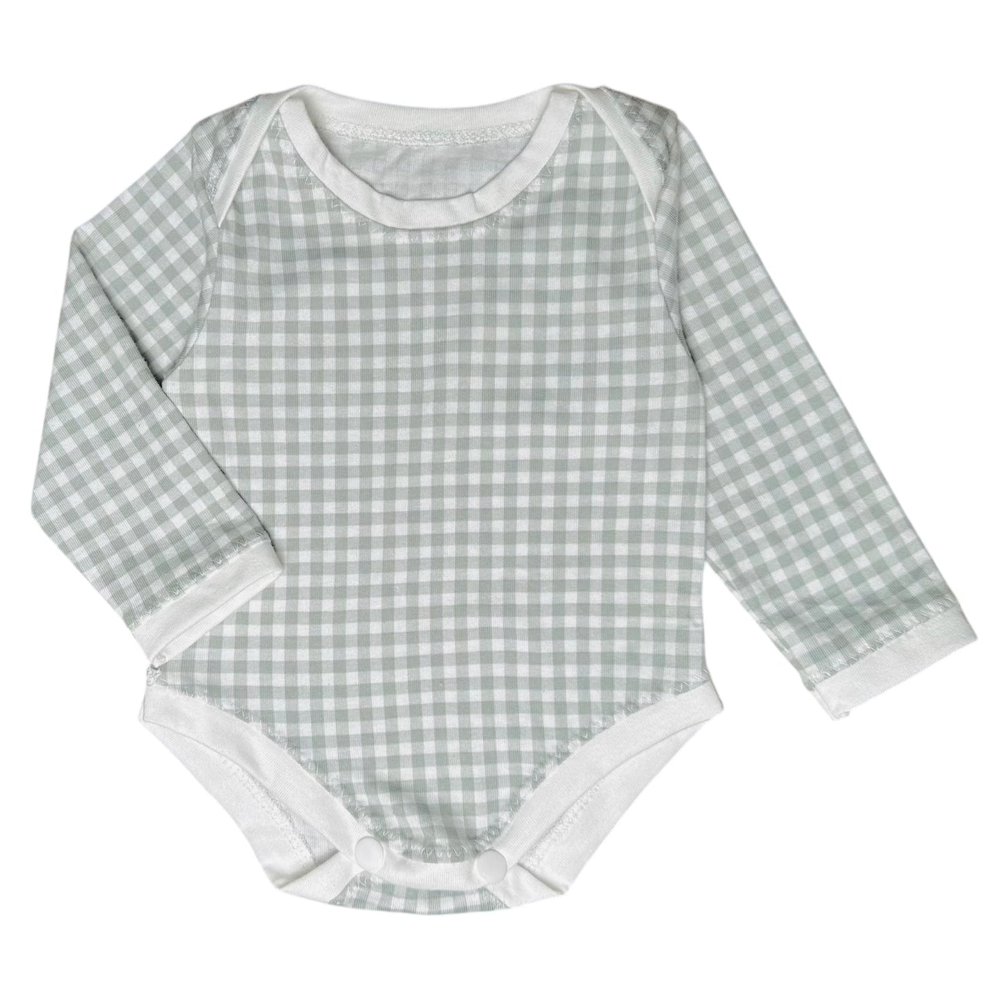 Sage Gingham Long Sleeve Cotton Baby Onesie